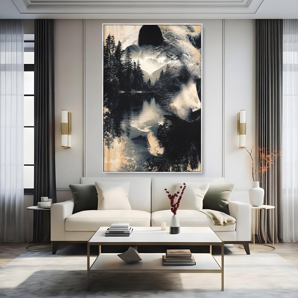 Tablou canvas cu tablou canvas cu urs si peisaj montan, in rama de aluminiu argintiu, pe perete intr-un living